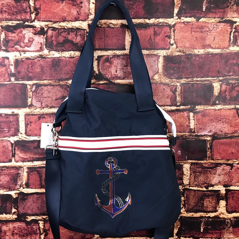 NEW Nautical tote with anchor crossbody navy white